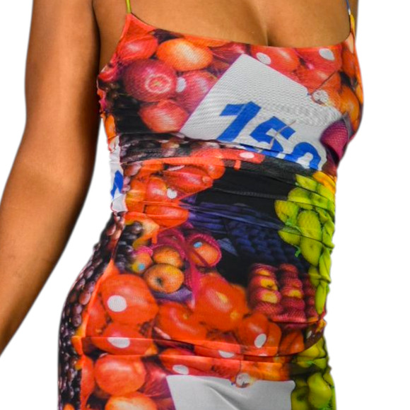 Zara Fruit Market Dress Black Multi Photorealistic Print Slip Midi Column Small - Picture 4 of 14